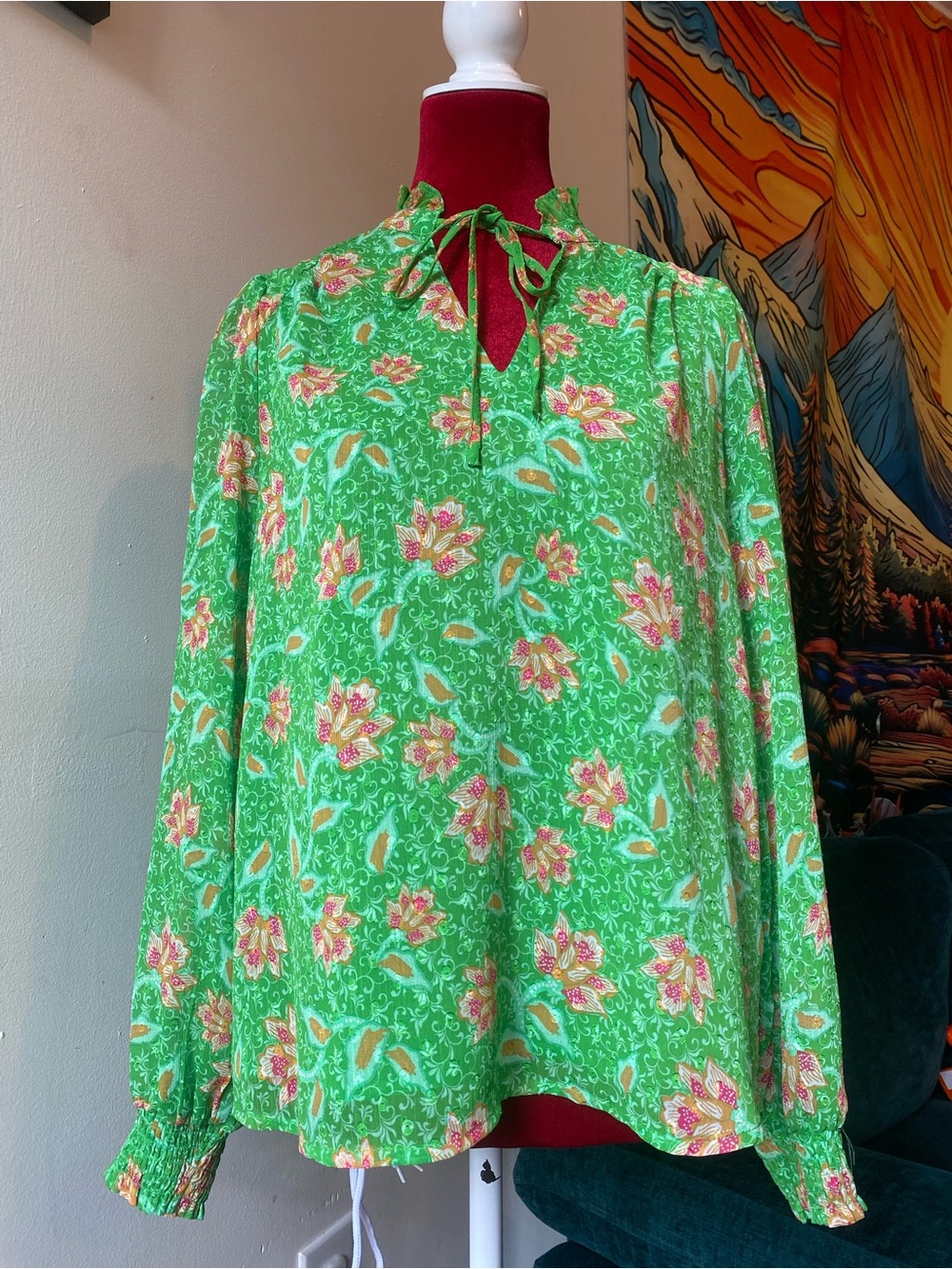 Joie Green Floral Tie-Neck Blouse with Pink and Yellow Accents